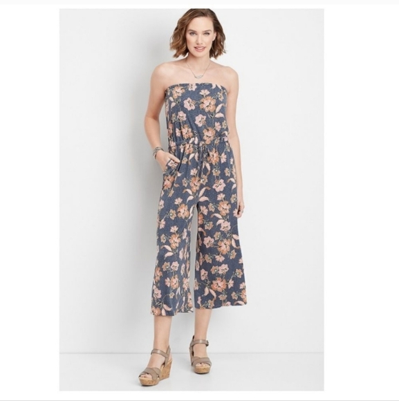 NWT Maurice’s Blue Floral Tube Top Strapless  Romper -Size S - Picture 1 of 13